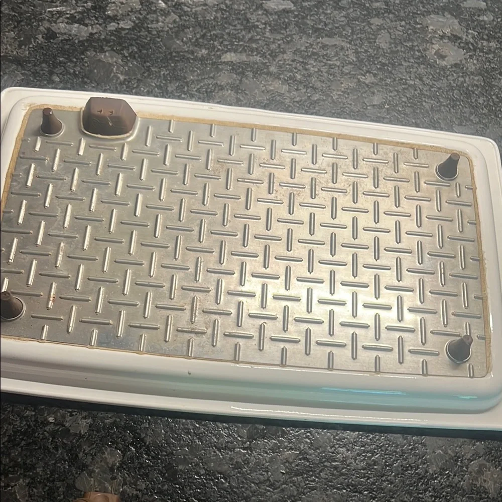 Corning Ware White Rectangular Warming Tray with Cornflower Blue Design.